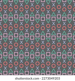 triangle, square, circle and cross on play station dark gray background seamless pattern