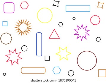Triangle, square, circular, rectangle and star geometric shapes in different colors on a white background