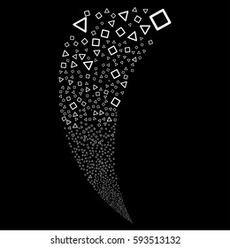 Triangle And Square Frames random fireworks stream. Vector illustration style is flat white iconic symbols on a black background. Object fountain organized from scattered design elements.