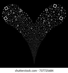 Triangle And Square Frames salute stream. Vector illustration style is flat white iconic triangle and square frames symbols on a black background. Object fountain done from random pictograms.