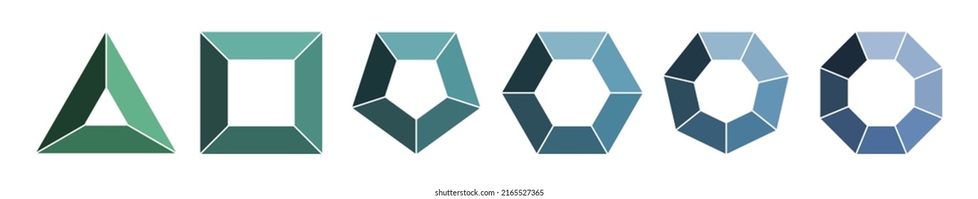 Conjunto de polígonos triangulares y cuadrados de infografía, diagrama de pentágono y hexágono, plantilla de esquema de heptagón y octógono. Disposición de elementos separados. Tonos verdes, de menta y azules sobre fondo blanco.