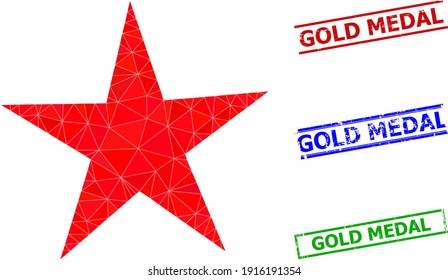 Triangle star polygonal icon illustration, and grunge simple Gold Medal rubber seals. Star icon is filled with triangles. Simple seals uses lines, rects in red, blue, green colors.