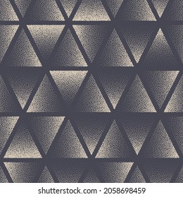 Triangle Stippled Seamless Pattern Geometric Vector Abstract Background. Hand Drawn Tileable Aesthetic Texture Dotted Triangular Grunge Repetitive Wallpaper. Halftone Retro Colors Art Illustration