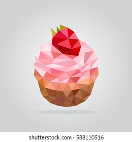 Triangle strawberry muffin vector illustration. Polygon muffin icon