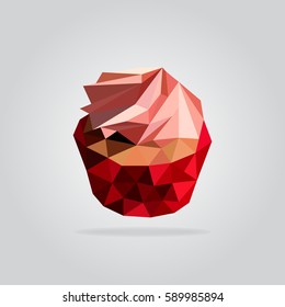 Triangle strawberry muffin vector illustration. Polygon red muffin icon