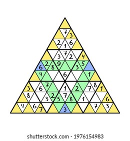 Triangle sudoku colorful game stock vector illustration. Place 1-9 numbers into empty cells - in each big triangle, in each yellow lines and green lines just once. Logical number game printable page