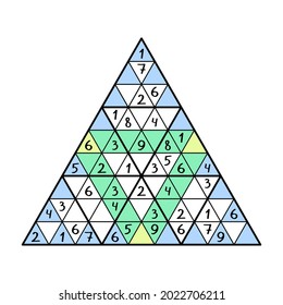 Ilustración vectorial del juego Triangle sudoku. Colorido juego de números sudoku para niños y principiantes. Colocar números de 1 a 9 en cada triángulo grande, líneas azules y verdes