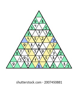 Triangle sudoku printable activity page vector illustration. Unusual educational colorful number puzzle for kids and beginners isolated on white