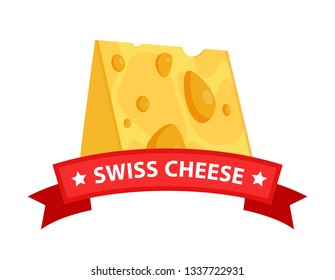 Triangle Swiss Maasdam Cheese piece, Vector Emblem illustration of diary product and red Ribbon with caption isolated on white.