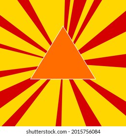 Triangle symbol on a background of red flash explosion radial lines. The large orange symbol is located in the center of the sun, symbolizing the sunrise. Vector illustration on yellow background
