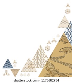 Triangle template vector in Japanese pattern background. Fish hand drawn elements.