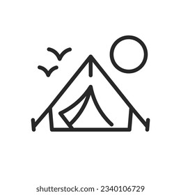 Triangle Zelt Camping Icon. Vektor Lineare Illustration eines Wanderzimmers in der Natur an einem sonnigen Tag. Outdoor Camping Gear und Equipment Symbol für Abenteuer und Erkundung.