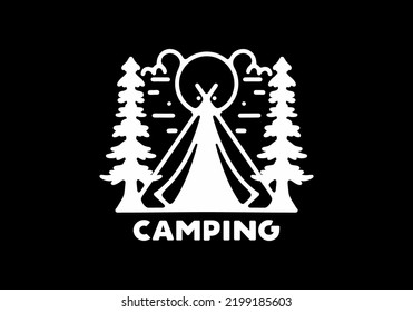 The Triangle tent and pine trees line art design on black background