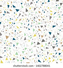 Triangle Terrazzo Seamless Repeat Vector Pattern.  Thousands of random non-overlapping elements.  Multicolor on white.  Generative Art (made with code). 