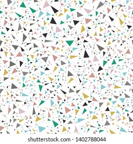 Triangle Terrazzo Seamless Repeat Vector Pattern.  Thousands of random non-overlapping elements.  Multicolor on white.  Generative Art (made with code). 