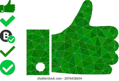 El botón Triángulo sube la ilustración 2d poligonal e iconos similares. Thumb Up está lleno de triángulos. Un pulgar bajo en polos diseñado a partir de triángulos llenos dispersos.