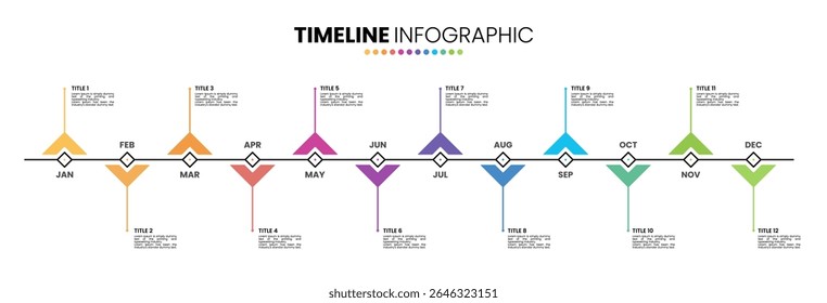 Triangle timeline infographic presentation template 12 options. 12 month or 1 year calendar infographic template