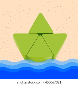 Triangle toy blocks build in ship shape. Isolated on sand and sea illustration background. Children's blocks toys.