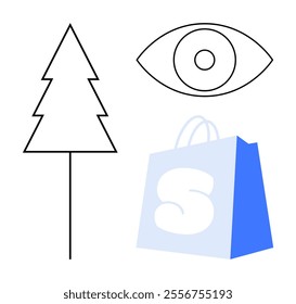 Triangle tree eye and blue shopping bag with letter S Ideal for design projects environmental themes retail focus visual art and minimalist compositions. Smooth clean lines black and blue colors