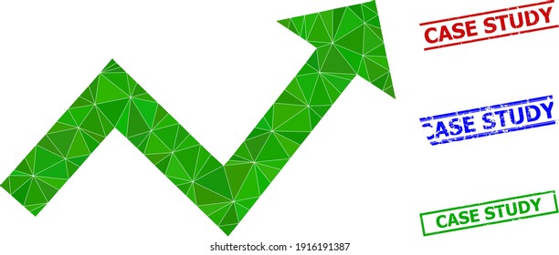 Triangle trend up arrow polygonal icon illustration, and scratched simple Case Study watermarks. Trend up Arrow icon is filled with triangles. Simple stamps uses lines, rects in red, blue,
