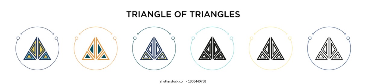 Triangle of triangles icon in filled, thin line, outline and stroke style. Vector illustration of two colored and black triangle of triangles vector icons designs can be used for mobile, ui, web