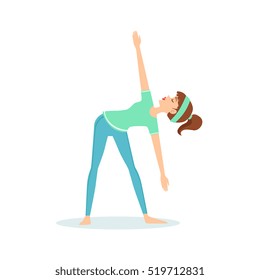 Triangle Trikonasana Yoga Pose Demonstrated By The Girl Cartoon Yogi With Ponytail In Blue Sportive Clothing Vector Illustration