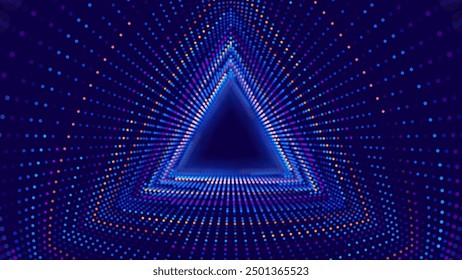 Triangle Tunnel Portal Neon Glow Dots Frame Background. DJ VJ Party Abstract Backdrop. 3D Vector Illustration Of Abstract Futuristic Geometric Triangle Shape BG Go to Infinity.