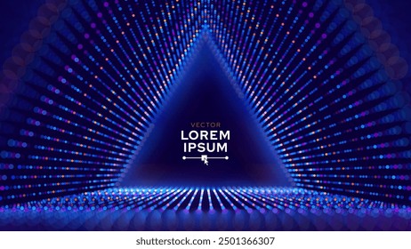 Triangle Tunnel Portal Neon Glow Dots Frame Background. DJ VJ Party Abstract Backdrop. 3D Vector Illustration Of Abstract Futuristic Geometric Triangle Shape BG Go to Infinity.