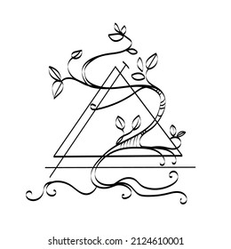 Triangle with twisted tree and leaves,minimal art.Black and white sketch.Accult symbol,tattoo,logo,print.Vector illustration geometry and nature concept.Abstract art