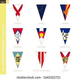 Triangle USA states flag set, stylized state flags of Alabama, Alaska, Arizona, Arkansas, Colorado, Connecticut, Delaware, District of Columbia, Florida