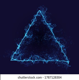 Triangle vector border. Neon particle flow. Smoked Pyramid shape. Technology background concept.