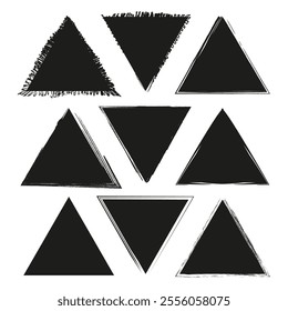 Triangle vector icon. Geometric abstract shapes. Rough edge effect. Bold black outlines.