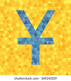 Triangle vector illustration: blue yen/yuan symbol on yellow backdrop