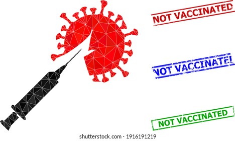 Triangle virus vaccine injection polygonal icon illustration, and rubber simple Not Vaccinated stamp prints. Virus Vaccine Injection icon is filled with triangles. Simple stamp seals uses lines,