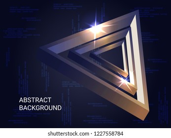 Triangle volume sparkle on background. 3D vector illustration . Modern geometric background. Abstract composition. Bronze  three-dimensional triangle in space.