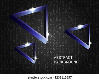 Triangle volume sparkle on background. 3D vector illustration . Minimal geometric background. Abstract composition. Blue  three-dimensional triangle in space.
