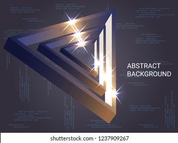 Triangle volume sparkle on background. 3D vector illustration . Creative geometric background. Abstract composition. Bronze  three-dimensional triangle in space.
