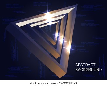 Triangle volume sparkle on background. 3D vector illustration . Modern geometric background. Abstract composition. Bronze  three-dimensional triangle in space.