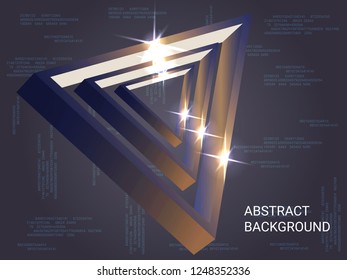 Triangle volume sparkle on background. Futuristic geometric background. Abstract composition. 3D vector illustration . Bronze  three-dimensional triangle in space.