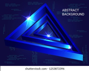 Triangle volume sparkle on background. 3D vector illustration . Creative geometric background. Abstract composition. Blue  three-dimensional triangle in space.