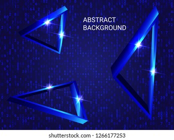 Triangle volume sparkle on background. Creative geometric background. Abstract composition. 3D vector illustration . Blue  three-dimensional triangle in space.