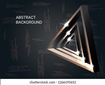 Triangle volume sparkle on background. 3D vector illustration . Minimal geometric background. Abstract composition. Bronze  three-dimensional triangle in space.