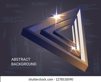 Triangle volume sparkle on background. 3D vector illustration . Creative geometric background. Abstract composition. Bronze  three-dimensional triangle in space.