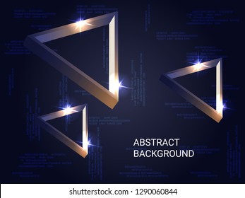 Triangle volume sparkle on background. Modern geometric background. Abstract composition. 3D vector illustration . Bronze  three-dimensional triangle in space.