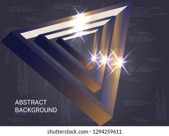 Triangle volume sparkle on background. 3D vector illustration . Futuristic geometric background. Abstract composition. Bronze  three-dimensional triangle in space.