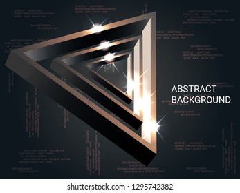 Triangle volume sparkle on background. 3D vector illustration . Modern geometric background. Abstract composition. Bronze  three-dimensional triangle in space.