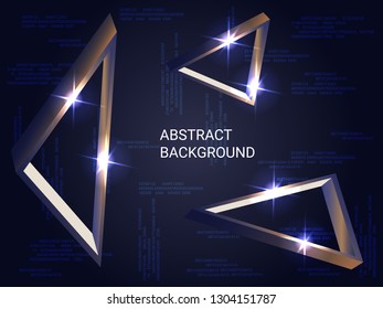 Triangle volume sparkle on background. Creative geometric background. Abstract composition. 3D vector illustration . Bronze  three-dimensional triangle in space.