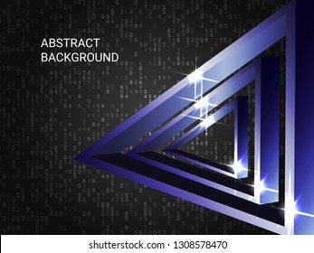 Triangle volume sparkle on background. 3D vector illustration . Futuristic geometric background. Abstract composition. Blue  three-dimensional triangle in space.