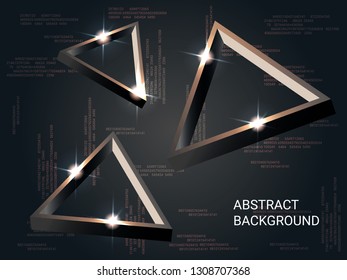 Triangle volume sparkle on background. Modern geometric background. Abstract composition. 3D vector illustration . Bronze  three-dimensional triangle in space.