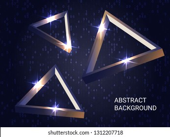 Triangle volume sparkle on background. 3D vector illustration . Creative geometric background. Abstract composition. Bronze  three-dimensional triangle in space.